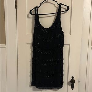 Alice + Olivia Black drop back beaded silk sleeveless dress